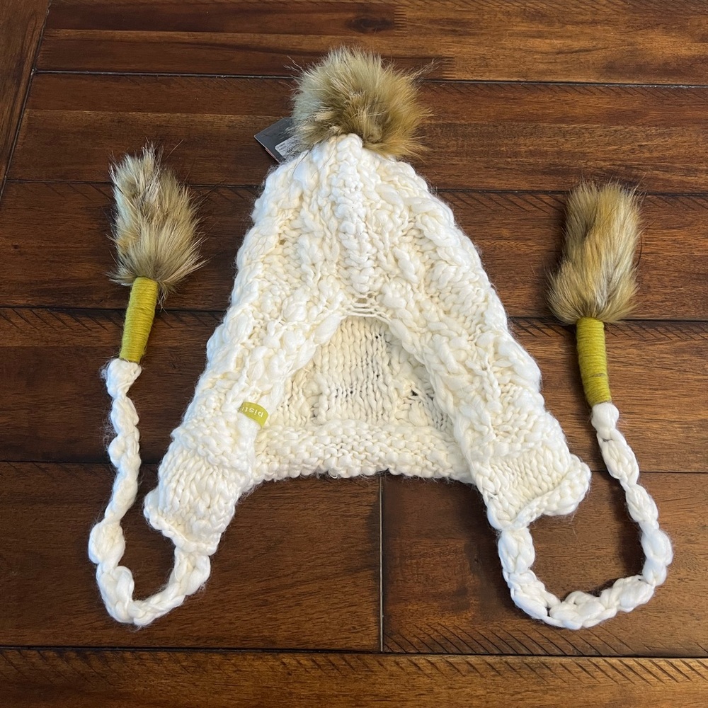PISTIL - SAUCY Beanie in Ivory with Ear flaps and Green Poms - NWT